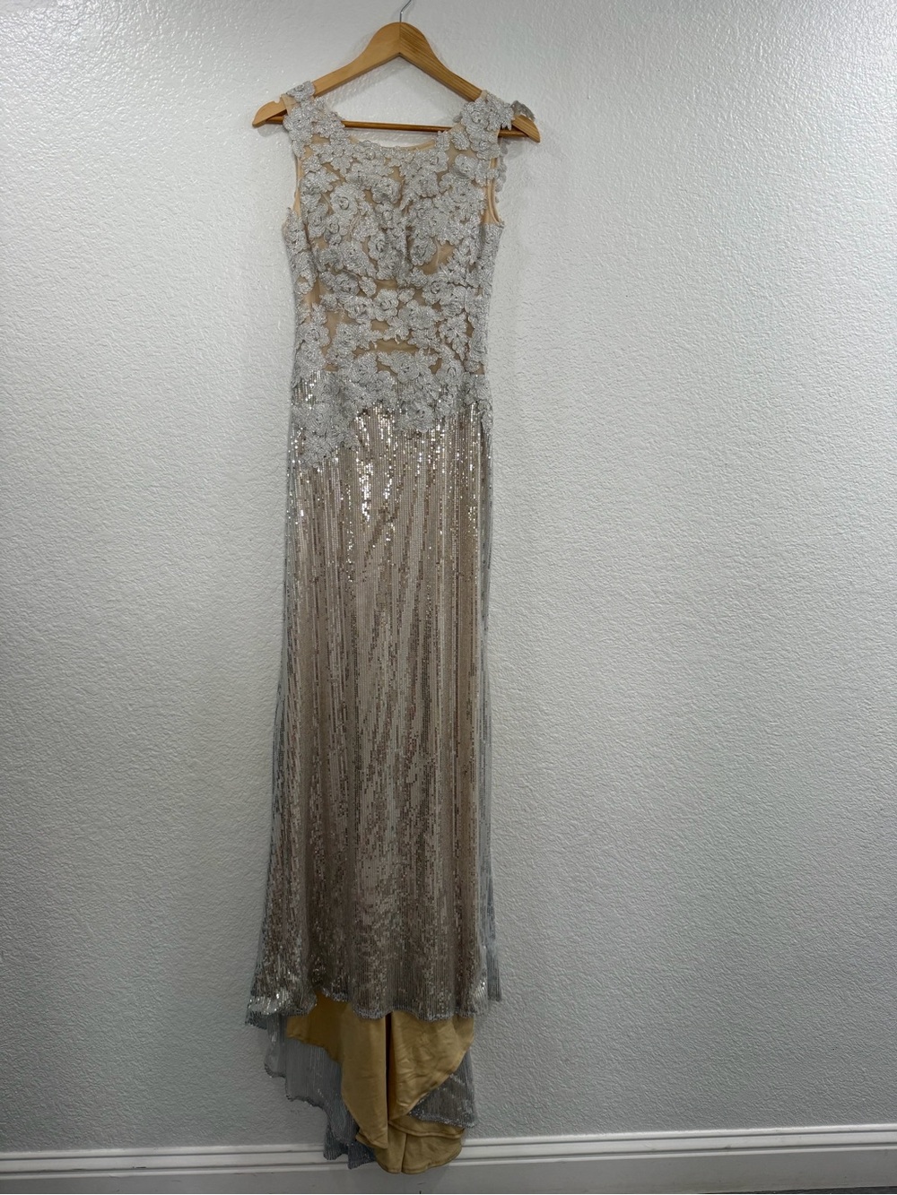 Milano Formals Silver Sequin High-Low Evening Gown